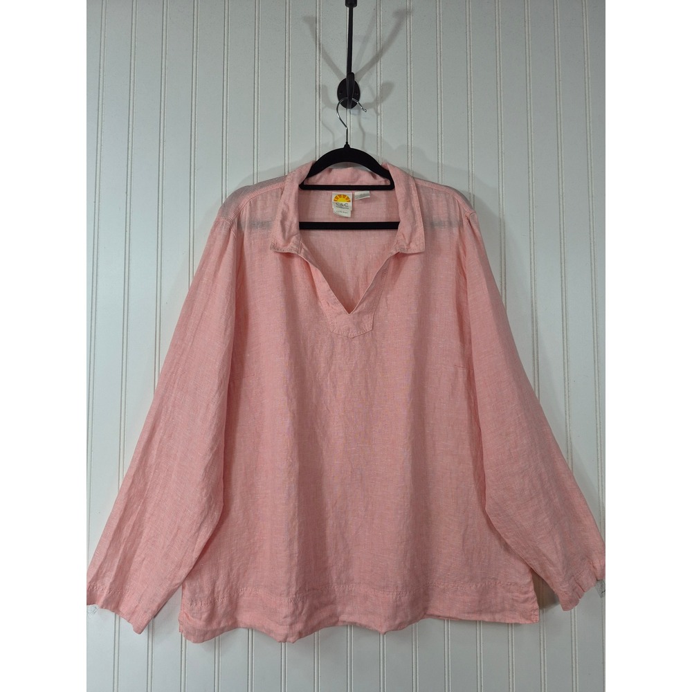 C&C Cali Women 1XL Pink 100% Linen Long Sleeve Split Neck Tunic
Blouse Casual